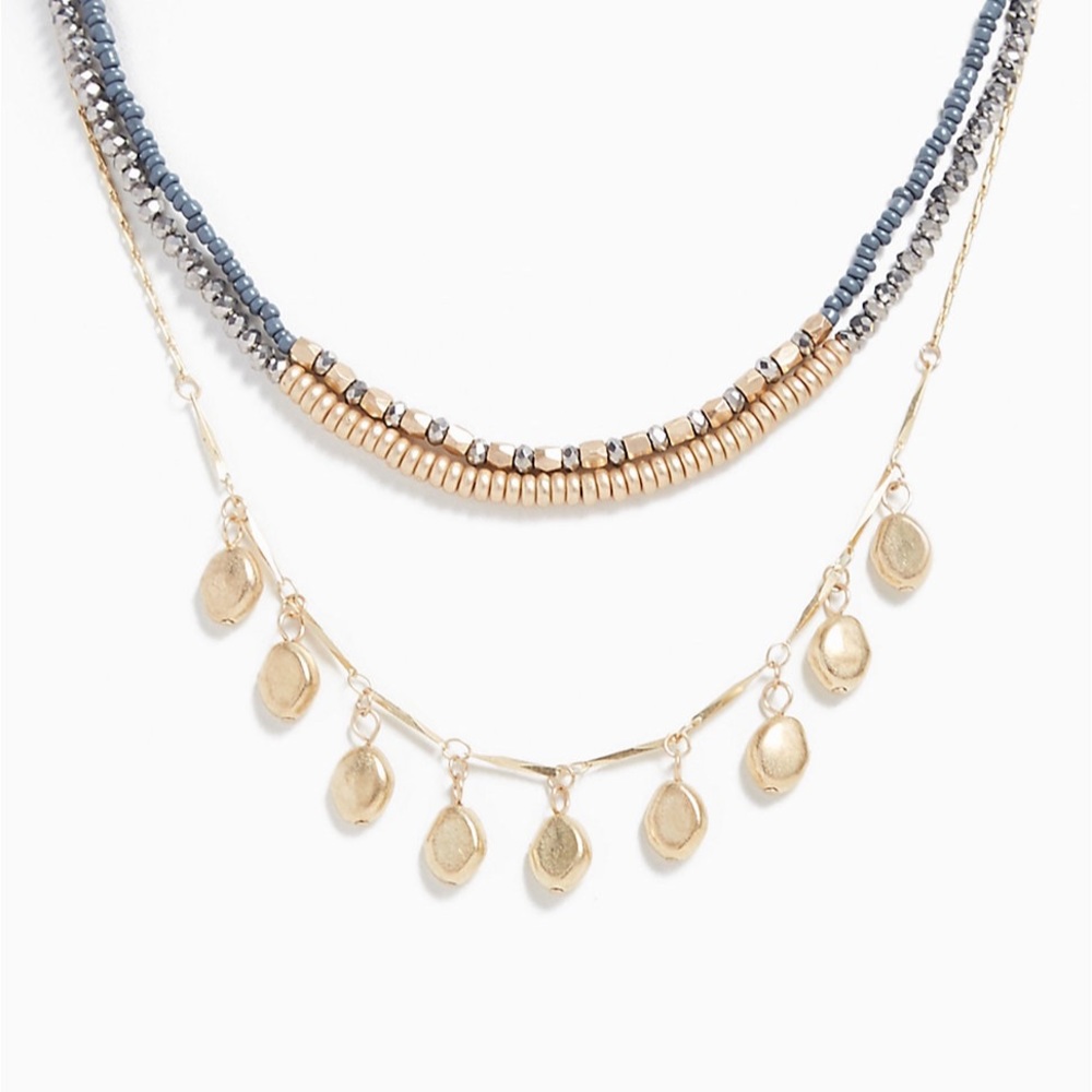 GOLD-TONE & SLATE GREY BEADED LAYERED NECKLACE